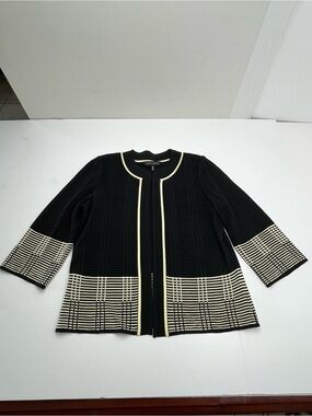 Ming Wang Knit Open Front Jacket Cardigan Black Butter Yellow Womens Medium